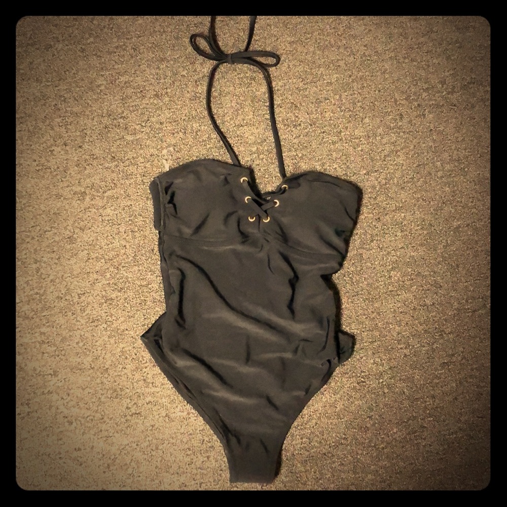 Black lace-up bandeau swimsuit size small
